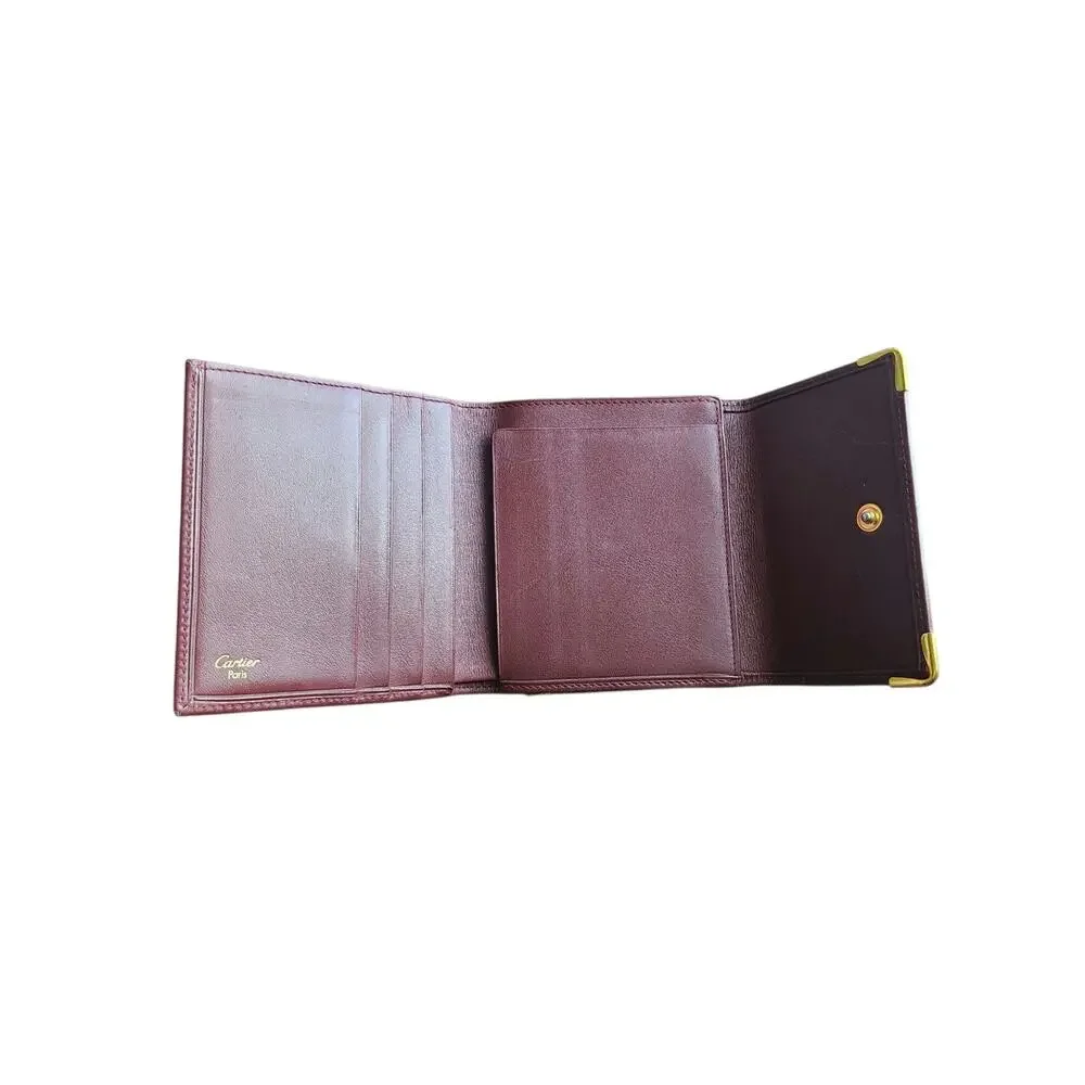 Vintage Must de Cartier Bordeaux Leather Trifold Wallet Kiss Lock Coin Purse - Picture 3 of 10